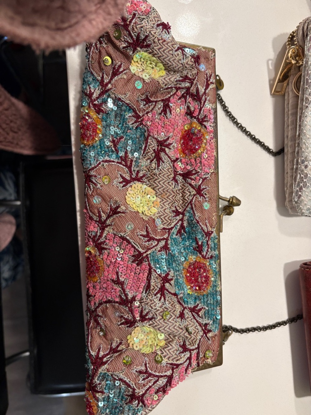 Embellished Pink Floral Sequin Clutch